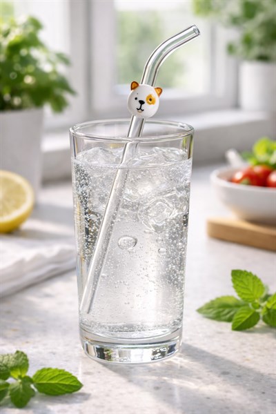 Beyaz Köpek Figürlü Cam Pipet