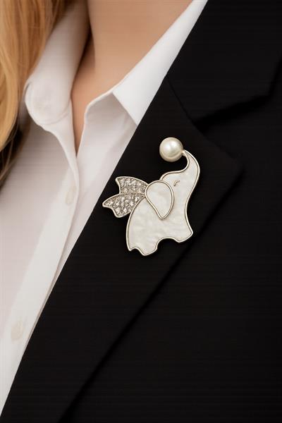Beyaz Taş Kanatlı Uçan Fil İğneli Broş