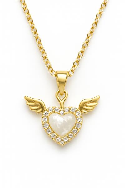 Beyaz Taşlı Kanatlı Kalp Çelik Kolye
