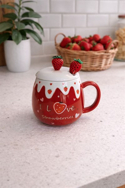 Çilek Figürlü Kaşık Kapaklı Kulplu Seramik Kupa 380 Ml