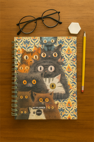 Çok Kedi Figürlü Spiral Çizgili Defter