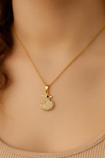 Gold Beyaz Taşlı Ördek Figür Çelik Kolye