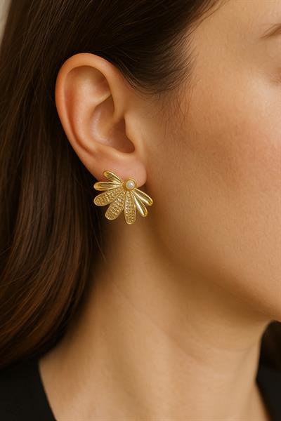 GOLD İNCİ TAŞLI ÇİÇEK KÜPE