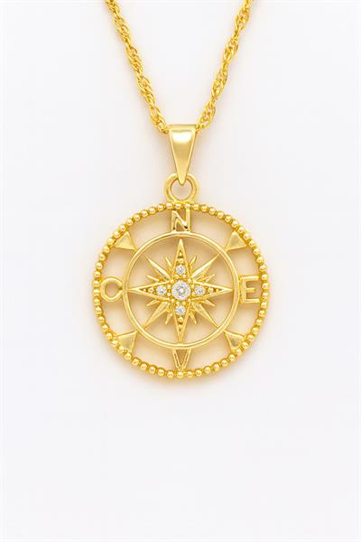 Gold Taşlı Pusula Çelik Kolye