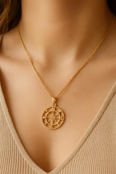 Gold Taşlı Pusula Çelik Kolye