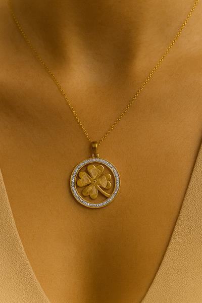 Gold Yonca Madalyon Çelik Kolye