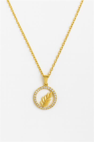 Gold Daire İçinde Zeytin Dalı Çelik Kolye
