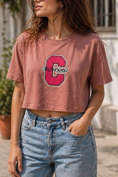 Kahverengi Baskılı California Crop T-Shirt S