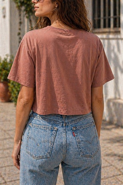 Kahverengi Baskılı California Crop T-Shirt S
