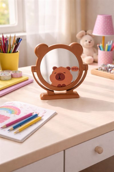Kahverengi Kulaklı İçi Baskılı Capybara Silindir Masa Aynası