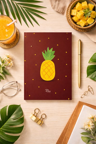 Kahverengi Zemin Ananas Tasarım A5 Çizgili Defter