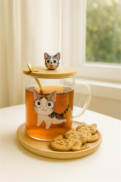 KEDİ KAPAKLI KAŞIK CAM BARDAK