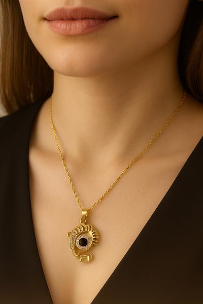 Kirpikli Siyah Taşlı Göz Çelik Kolye