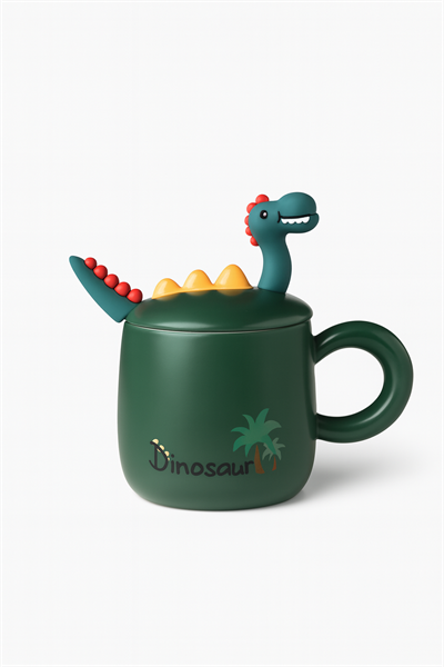 Koyu Yeşil Dinosour Kapak Kaşıklı Fincan