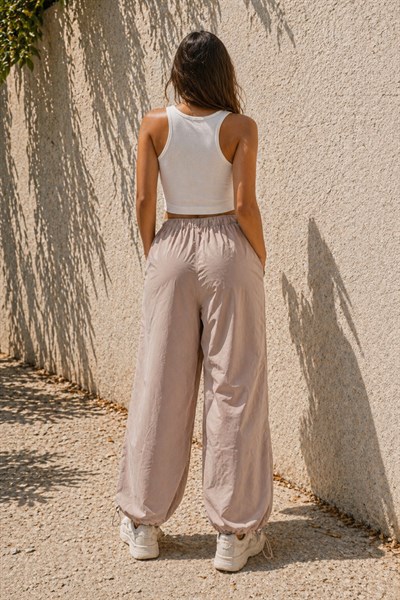 Krem Lastik Detaylı Spor Pantolon L
