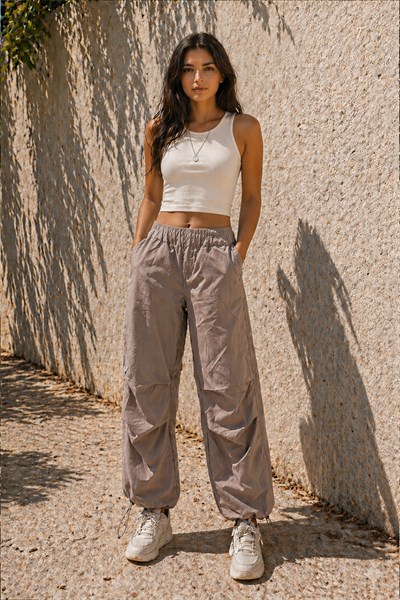 Krem Lastik Detaylı Spor Pantolon L