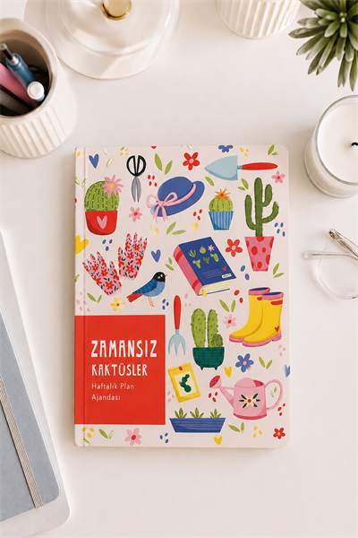 Krem Zeminli Zamansız Kaktüs Plan Ajandası 15X21,5 cm