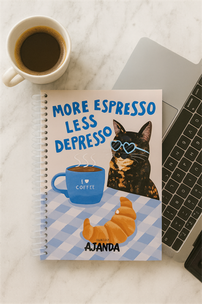 Kruvasanlı Kedi Stickerlı Spiral Defter