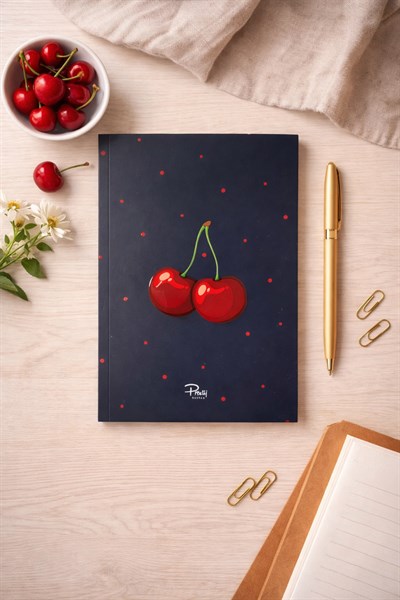 Lacivert Zeminli Kiraz Tasarım A5 Çizgili Defter