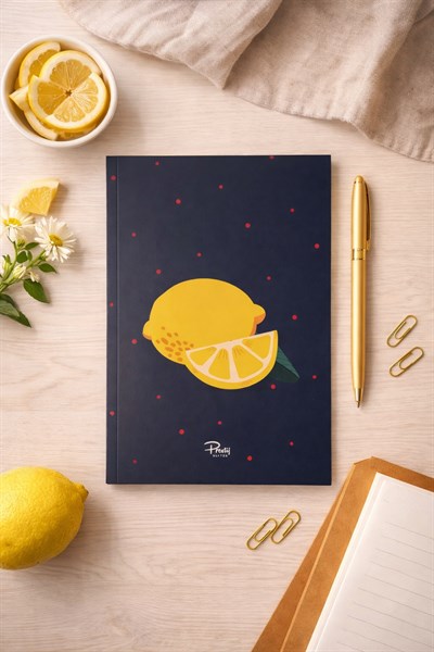 Lacivert Zeminli Limon Tasarım A5 Çizgili Defter