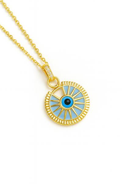 Mavi Zeminli Nazar Göz Madalyon Çelik Kolye