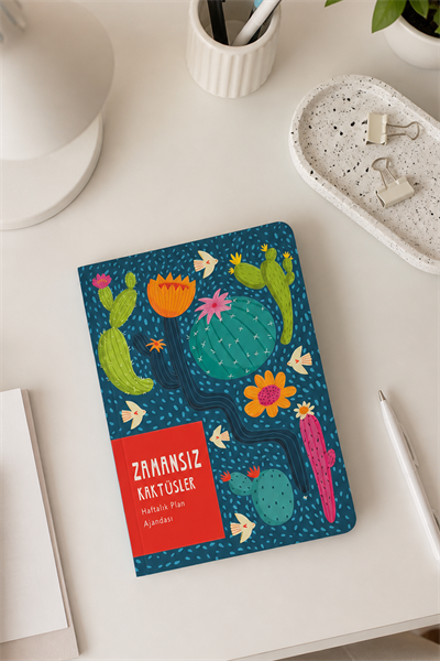 Mavi Zeminli Zamansız Kaktüs Plan Ajandası 15X21,5 cm