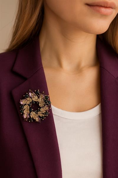 Mor Koyu Yeşil Taşlı Çelenk İğneli Broş