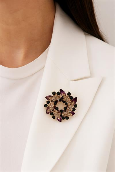 Mor Koyu Yeşil Taşlı Çelenk İğneli Broş