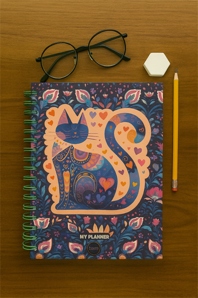 Motifli Kedi Spiral Çizgili Defter