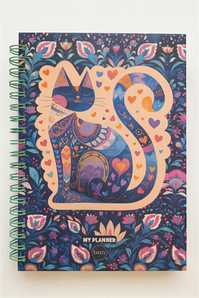 Motifli Kedi Spiral Çizgili Defter