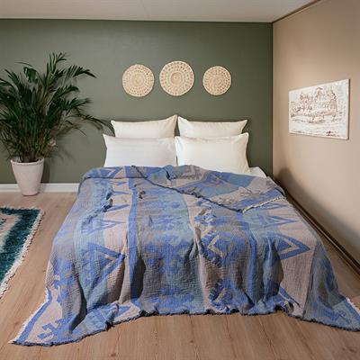 Müslin Desenli Pamuklu Çift Kişilik Yatak Örtüsü/Pike- Mavi