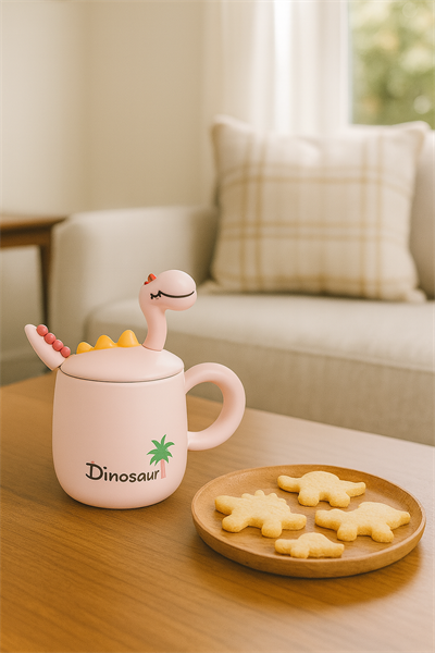Pembe Dinosour Kapak Kaşıklı Fincan