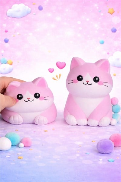 Pembe Oturan Squishy Kedi