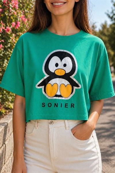 PENGUEN BASKILI YEŞİL T-SHIRT