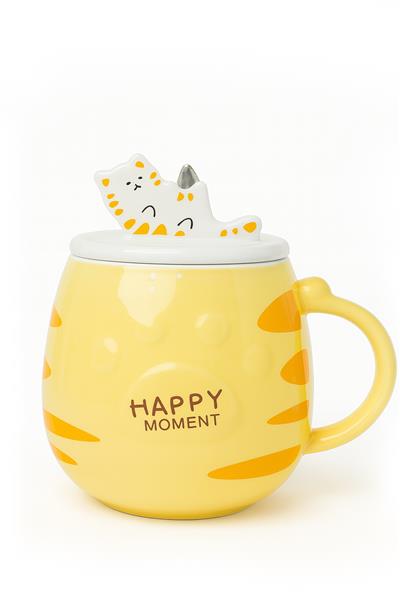 SARI TURUNCU KEDİ KAPAKLI PORSELEN KUPA