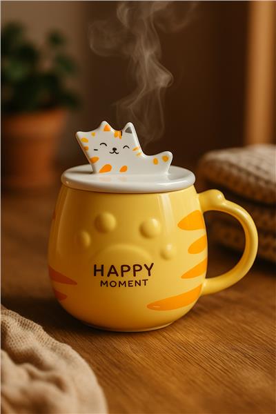 SARI TURUNCU KEDİ KAPAKLI PORSELEN KUPA