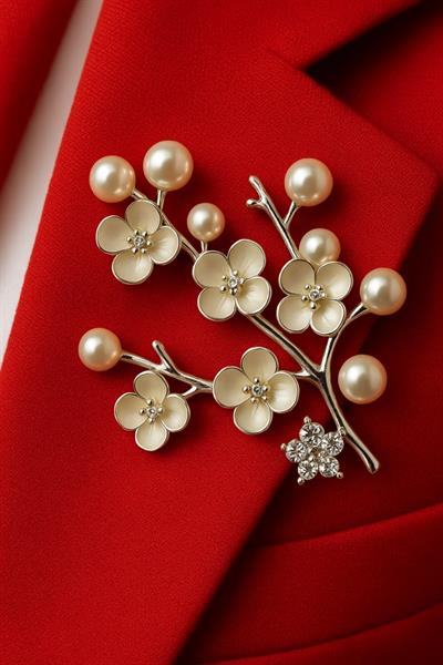 Silver İnci Taşlı Çiçekli İğneli Broş