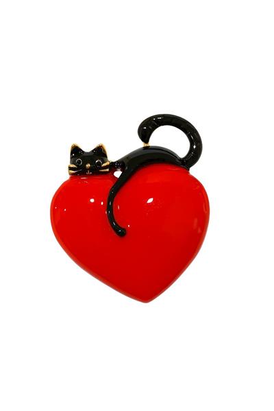 SİYAH KEDİLİ BÜYÜK KALP İĞNELİ BROŞ