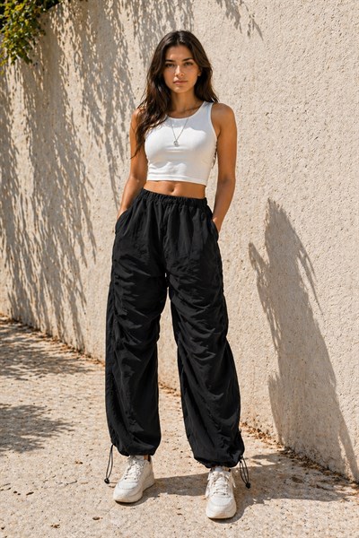 Siyah Lastik Detaylı Spor Pantolon L