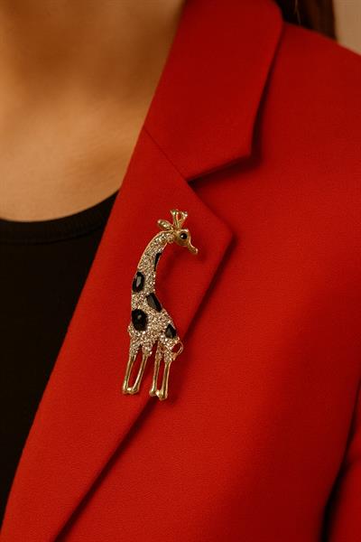 Siyah ve Beyaz Taşlı Zürafa İğneli Broş