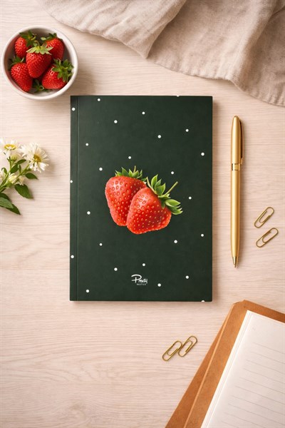 Siyah Zemin Çilek Tasarım A5 Çizgili Defter