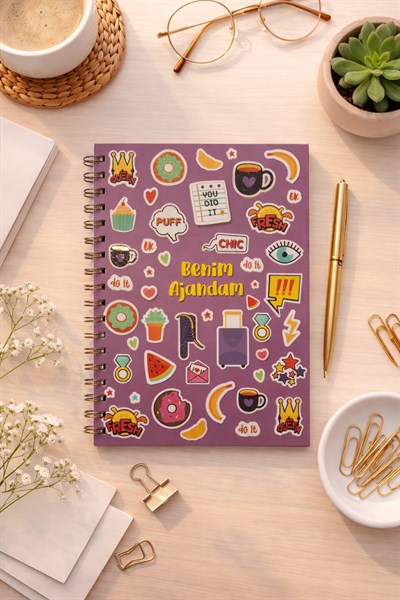 Spiralli Mor Puff Stickerlı Plan Ajandası 18x25cm