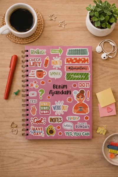 Spiralli Pembe Zemin Benim Ajandam Stickerlı Plan Ajandası 18x25cm