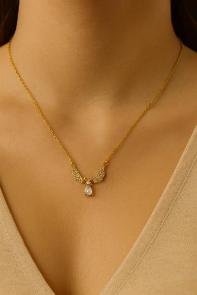 Turkuaz Taşlı Melek Kanatlı Çelik Kolye