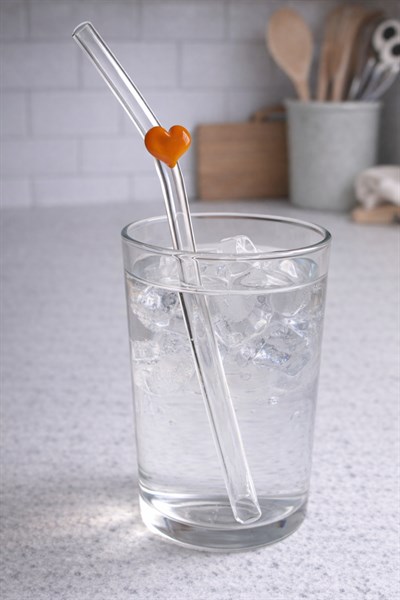 Turuncu Kalp Figürlü Cam Pipet