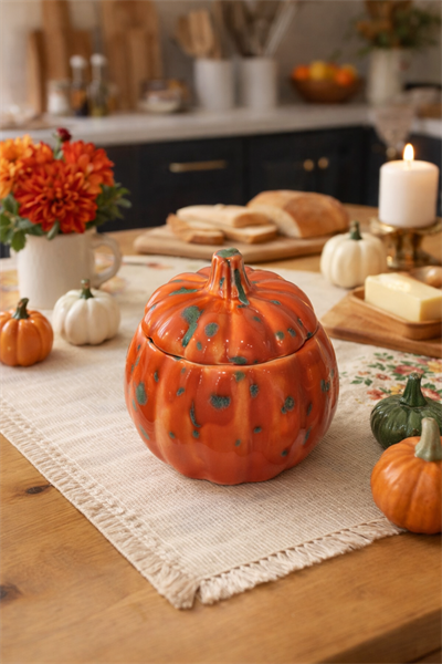 Turuncu Kapaklı Bal Kabağı Seramik Sunum Kabı