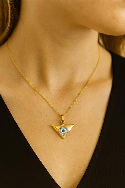 Gold Üçgen Nazar Göz Çelik Kolye
