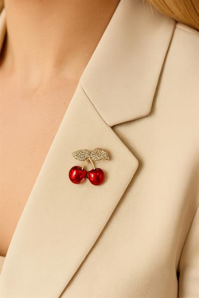 Yaprağı Taşlı Çift Kiraz İğneli Broş