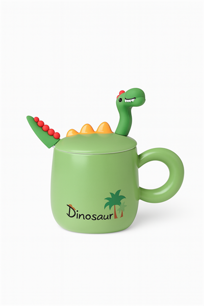 Yeşil Dinosour Kapak Kaşıklı Fincan