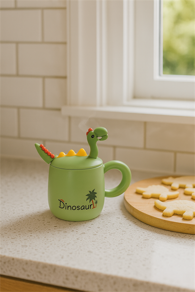 Yeşil Dinosour Kapak Kaşıklı Fincan
